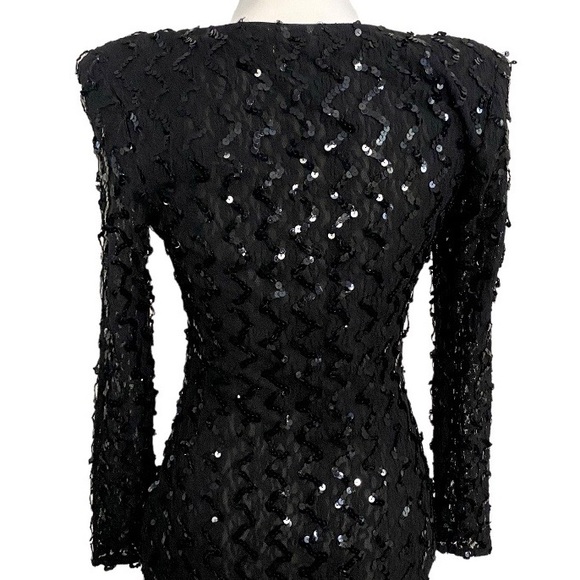 Vintage 90s Black Sequin Lace Mini Dress Long Sleeves Sexy Bodycon Stretch - Picture 4 of 6
